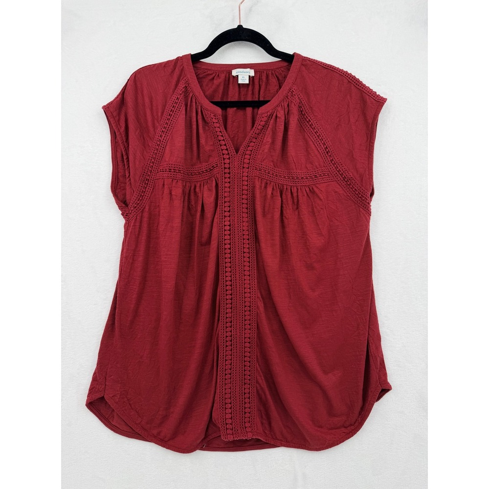 Sundance XL Red Crochet Lace Trim Boho Cap Sleeve Peasant Blouse Fall Earthy